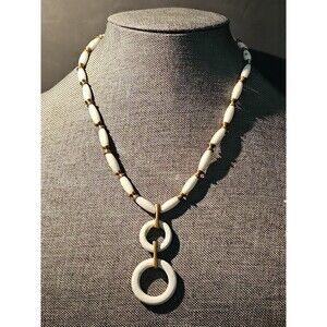 RARE Vtg Crown Trifari White Lucite Gold Bead Double Circle Pendant Necklace 19"